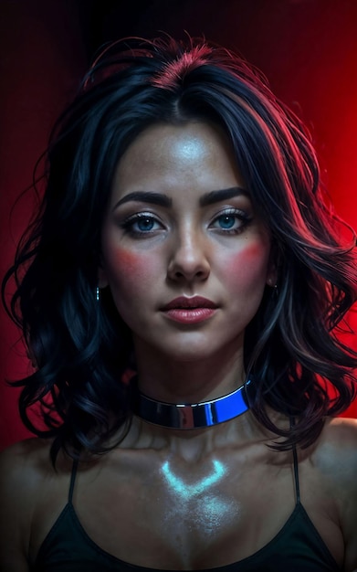 beautiful woman posting for a picture with red and blue spotlight generative ai