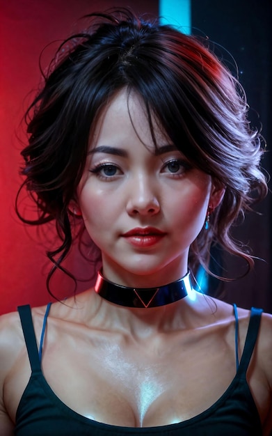 Beautiful woman posting for a picture with red and blue spotlight generative AI