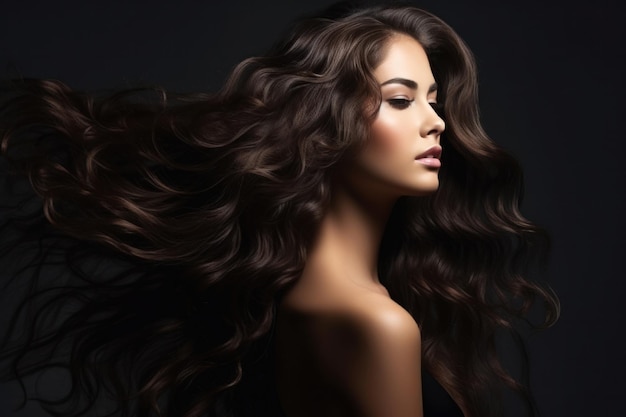 Beautiful woman in profile with long and shiny wavy hair Beauty model girl with curly hairstyle