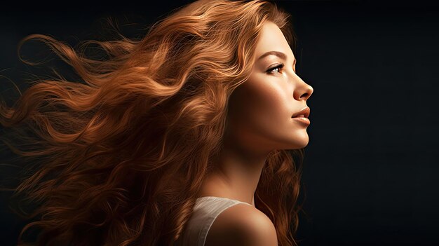 Photo a beautiful woman in profile with long and shiny wavy hair generative ai