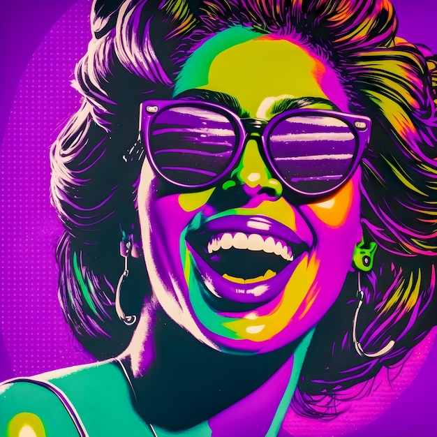 Beautiful woman purple background head only happy smile black sunglasses pop art stylexA