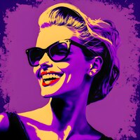 Photo beautiful woman purple background head only happy smile black sunglasses pop art stylexa