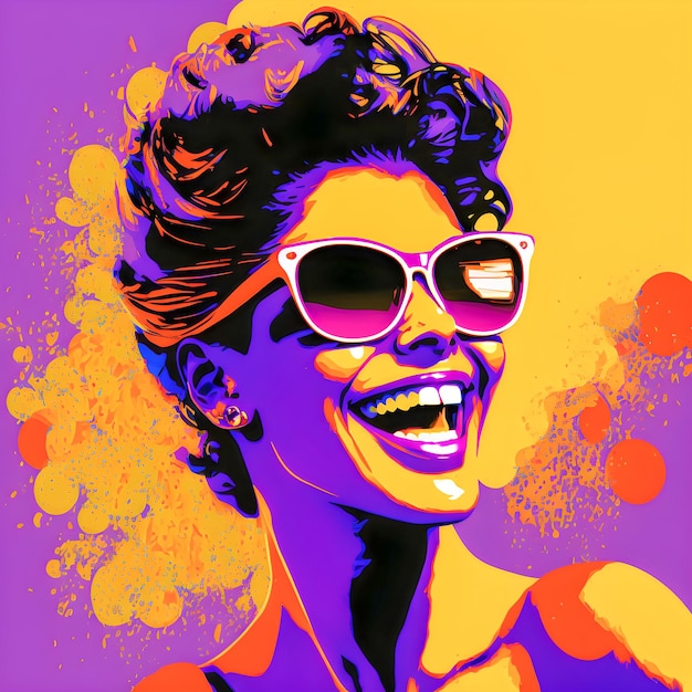 Beautiful woman purple background head only happy smile black sunglasses pop art stylexA