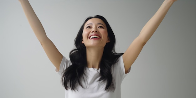 beautiful woman raising hand with clear background