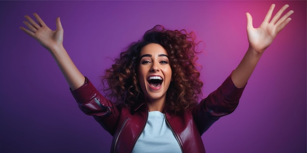 beautiful woman raising hand with color background