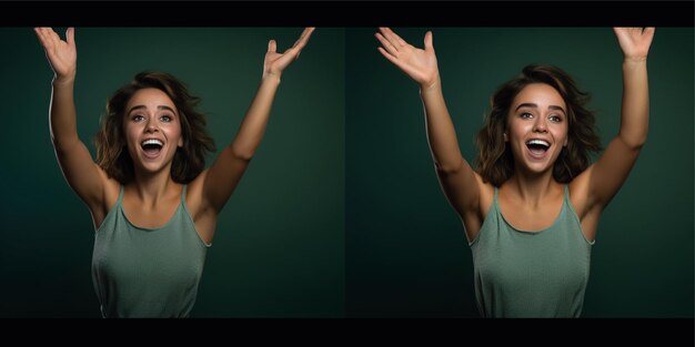 beautiful woman raising hand with color background