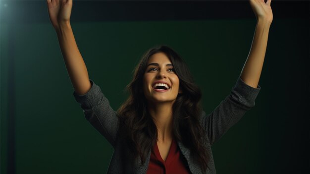 Beautiful woman raising hand with color background