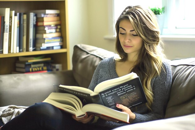 Photo beautiful woman reading a book on her sofa couch