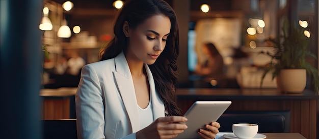 Beautiful woman reading news online in cafe