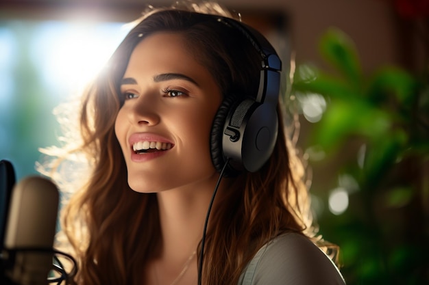 Beautiful woman recording audio for a podcast on bokeh style background