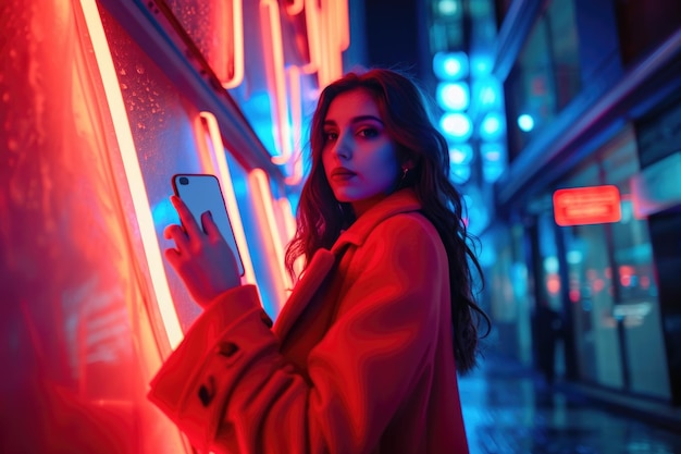 도시의 밤문화를 탐색하는 빨간 코트를 입은 아름다운 여성