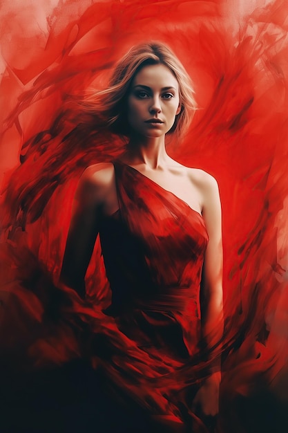 Beautiful woman in a red dress Book cover of romantic novel with double exposure Generative AI illustration