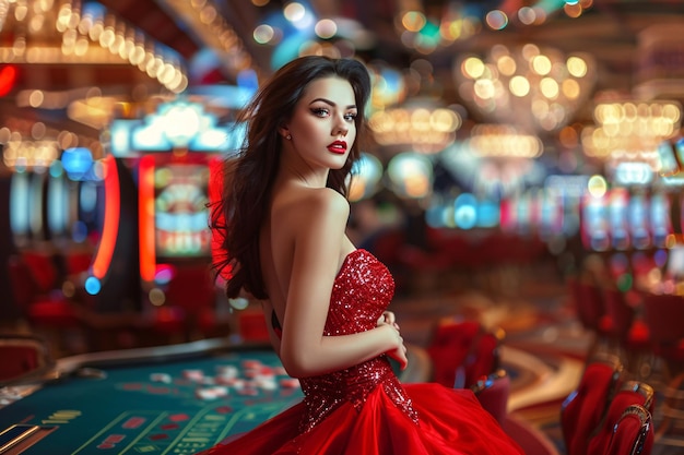 Foto bella donna con il vestito rosso nel casinò