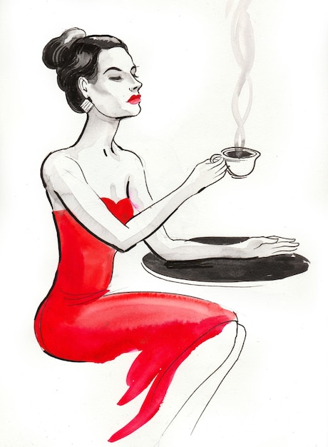 Bella donna in vestito rosso che beve una tazza di caffè. disegno a china e acquerello