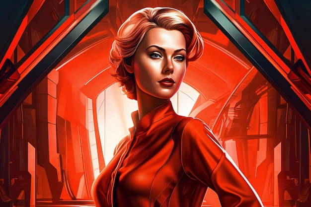 A beautiful woman in a red dress futuristic style