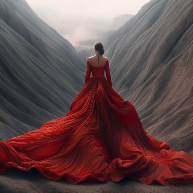 Beautiful woman in red dress in the mountains 3d rendering
