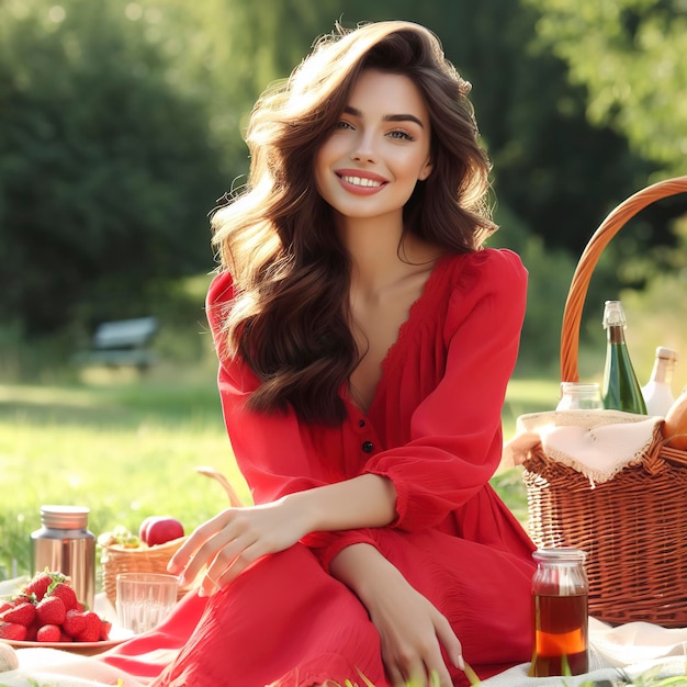 Beautiful woman in red dress on a picnic