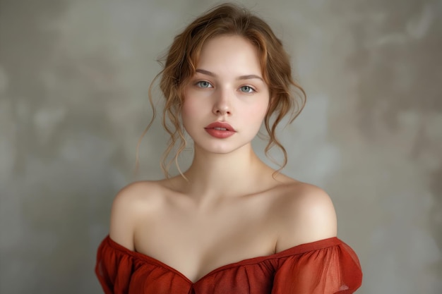 A beautiful woman in red dress posing for a photo