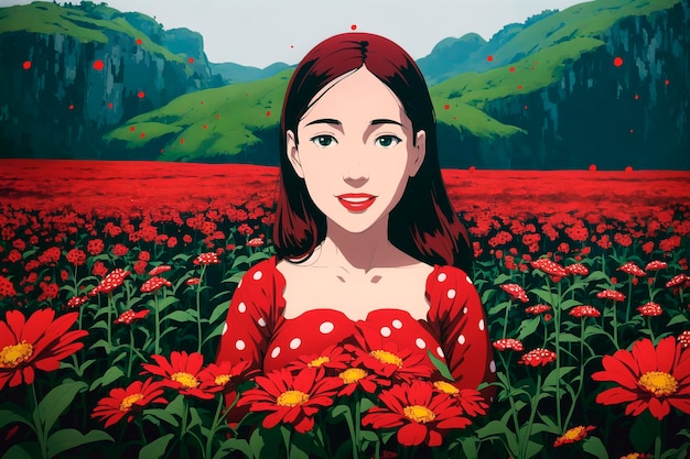 Красивая женщина в красном платье стоит в поле мака
