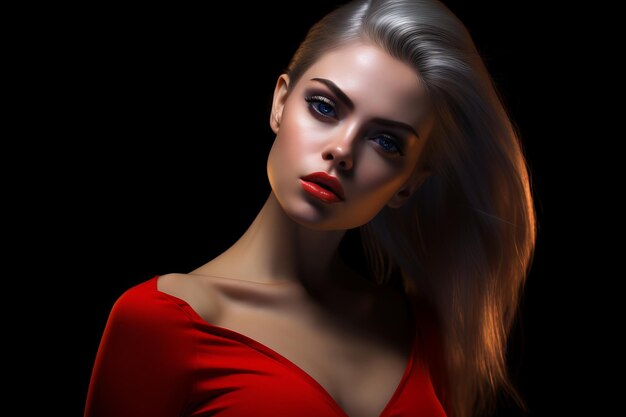 a beautiful woman in a red dress with blue eyes