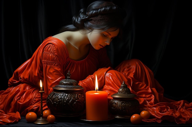 Beautiful woman in a red dress with a candle in the dark