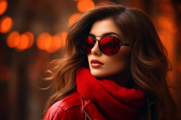 Beautiful woman in red leather jacket and red scarf