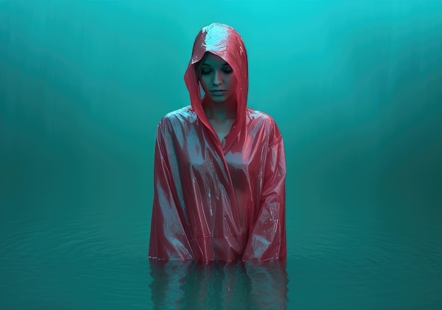 Beautiful woman in a red raincoat standing in the middle of a lake Teal and red