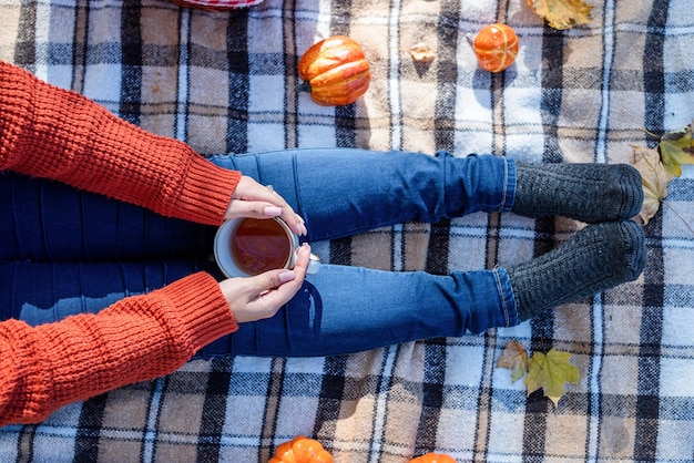 Photo beautiful woman in red sweater on a picnic in a autumn forest