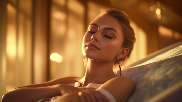 Beautiful woman relaxing her body and feeling the comfort with closed eyes