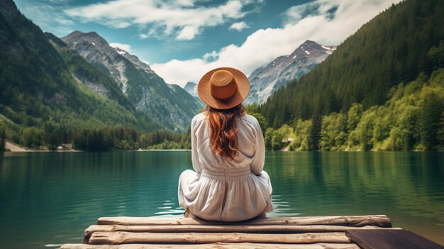 Photo beautiful woman relaxing in the lake