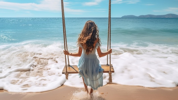 beautiful woman relaxing on a swing on a tropical sea beach