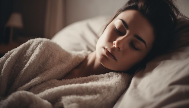 Красивая женщина отдыхает на мягкой подушке, мирно созданной ИИ