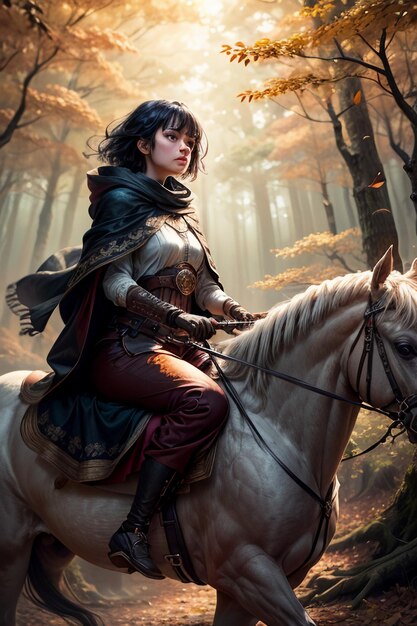숲에서 달리는 말을 타고 있는 아름다운 여자