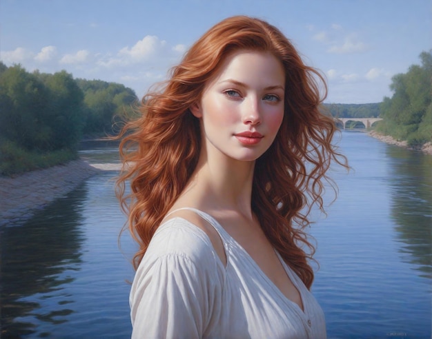 Beautiful woman on the river bank