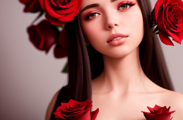 Beautiful woman in roses Portrait of pretty model with composition of red roses Generative AI