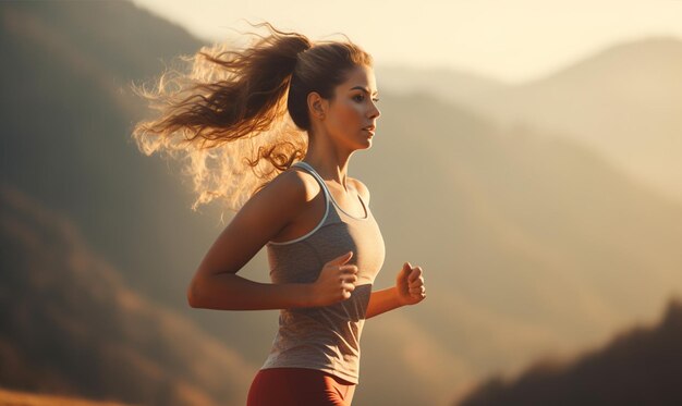 山の生活の健康的なライフスタイルを眺めながら美しい女性ランニングトレイル屋外トレーニング