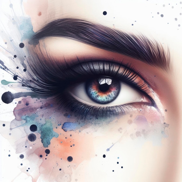 Beautiful woman's eye with watercolor splashes on white background ai generative