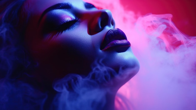 beautiful woman's face with dramatic makeup dancing in a haze of fog and neon light