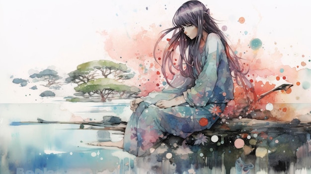 Beautiful woman sad alone crying and kneeling in garden Flower garden and Lake view landscape Watercolor