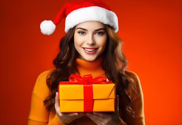 Beautiful woman in santa hat holding gift box in hands