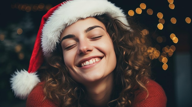 Foto bella donna con cappello da babbo natale in posa su sfondo festivo creato con la tecnologia al generativa