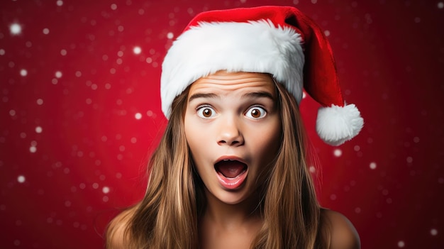 beautiful woman in santa hat posing on red background stock photo created with Generative Al technology