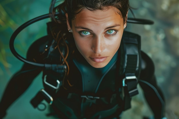 스쿠버 다이빙 장비와 고무 웨이트 슈트를 입은 아름다운 여성