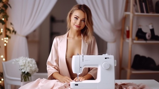 Photo beautiful woman seamstress dreams and thinks