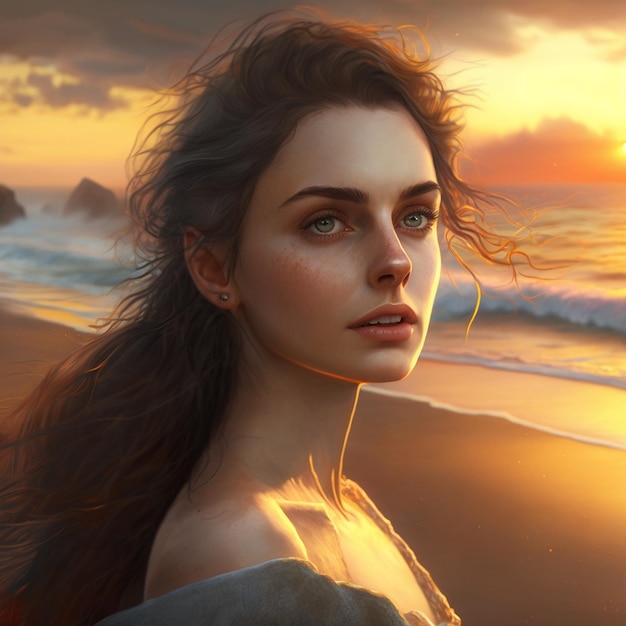 Beautiful woman seeing sea beach with sunset image Ai generated art