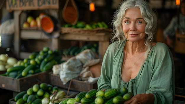 Beautiful woman selling cucumbers in her fruit and vegetable store