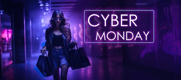 Foto bella donna shopping cyber monday concetto di vendita del black friday volantino acquisti online spazio copia sfondo scuro al neon