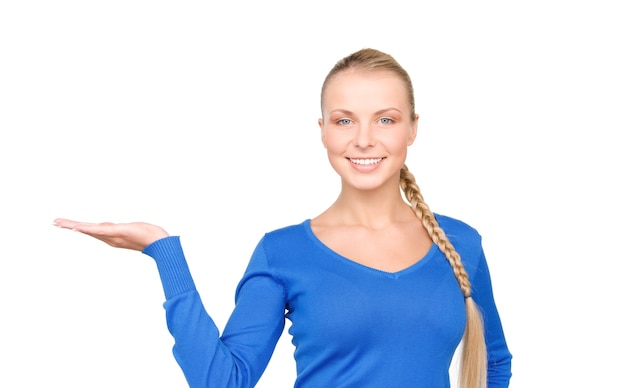 beautiful woman showing something on the palm of her hand