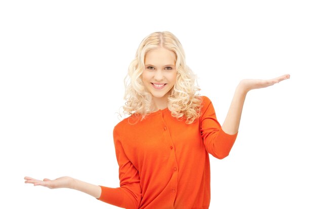 beautiful woman showing something on the palms of her hands