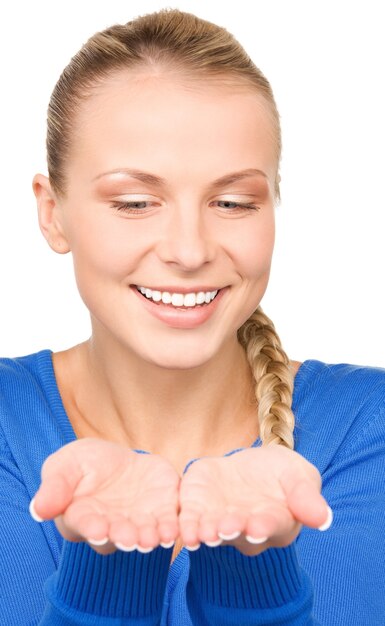 beautiful woman showing something on the palms of her hands